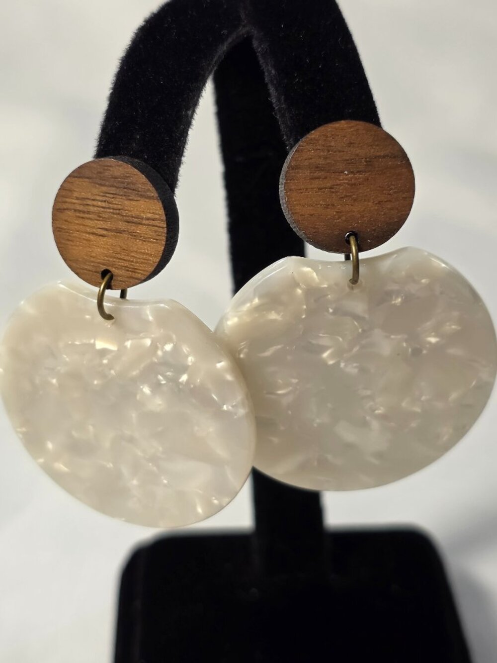 Two Tier Geometric Shaped Resin Dangle Earrings White Marble Finish Wood Stud
